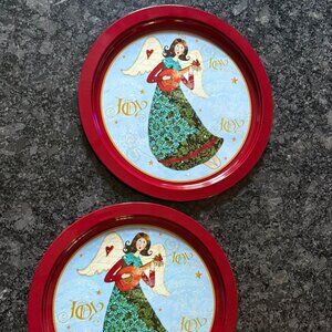 Two Christmas Round Metal Serving Trays, angels playing an instrument "JOY